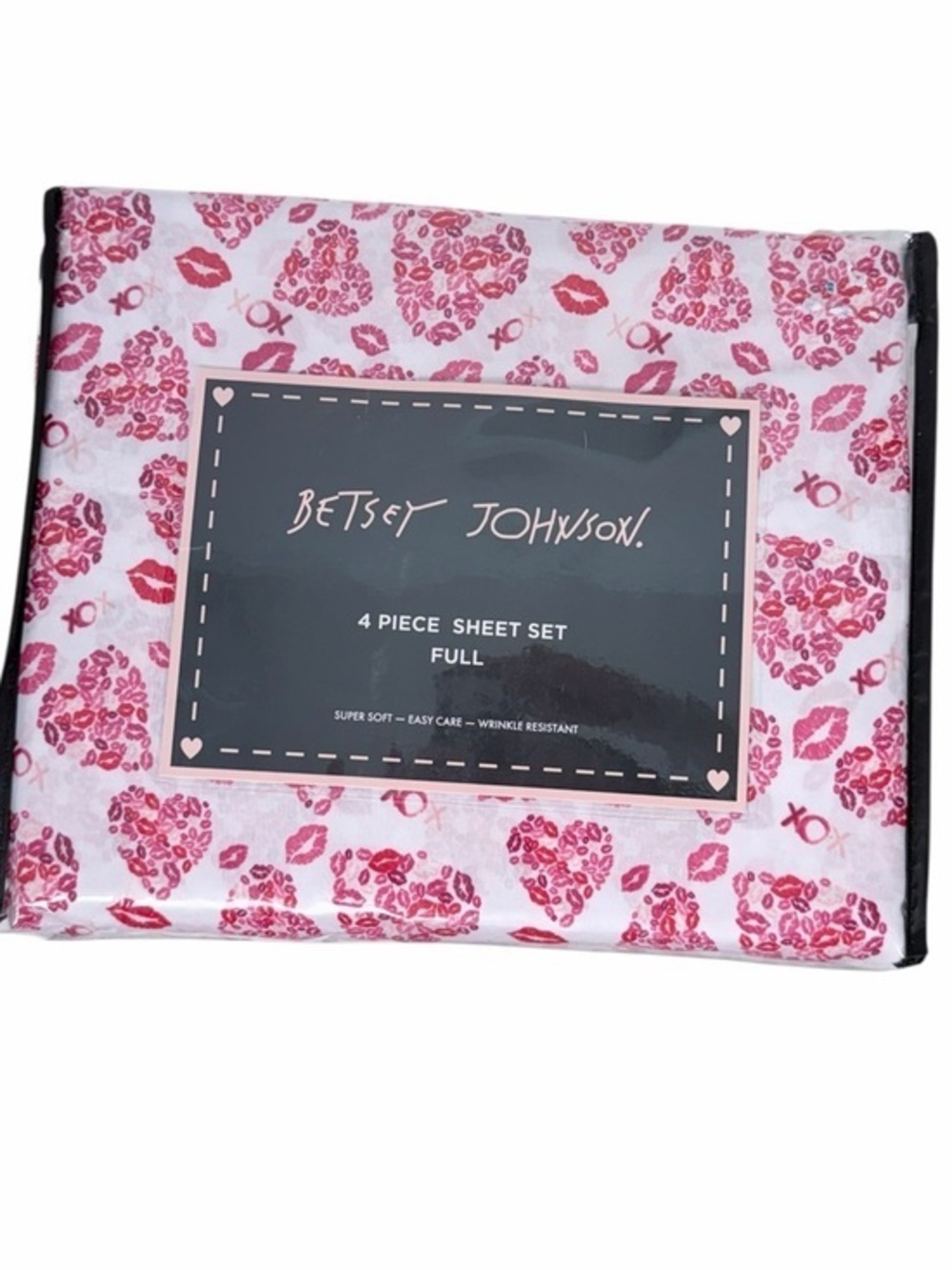 Betsey Johnson Full Sheet Set Lipstick Kiss Hearts Pink  Bedding 4 Piece